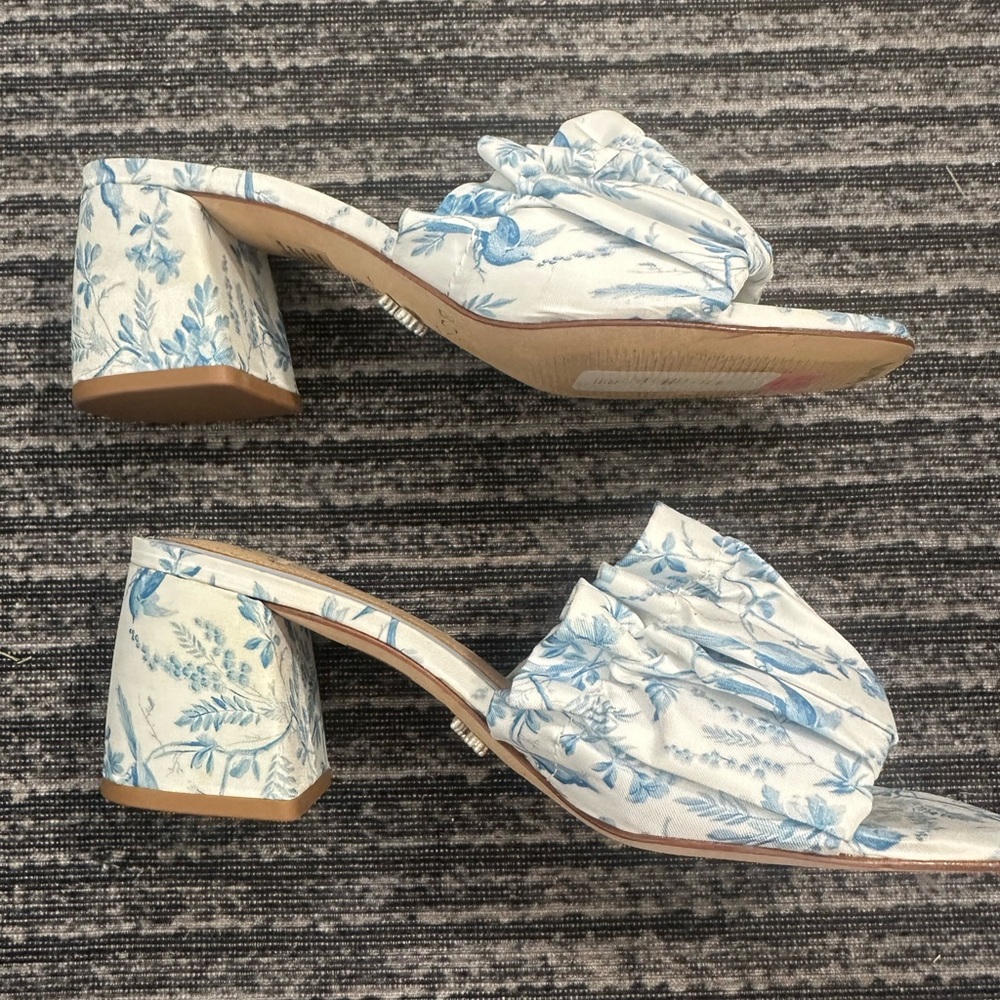 Antonio Melani Floral Blue and White Women's Block Heel Mules
